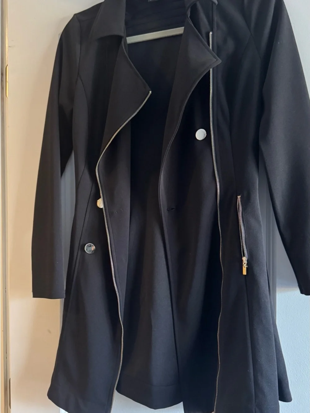Black Double-Breasted Moto Coat with Gold Zippers